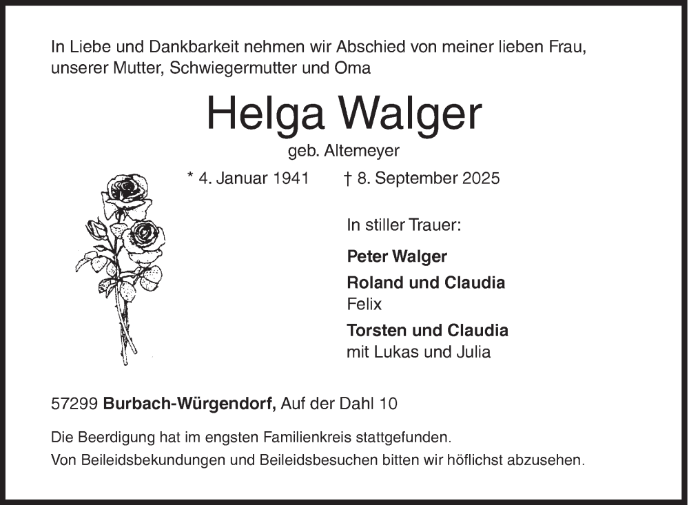  Traueranzeige für Helga Walger vom 06.10.2025 aus Siegener Zeitung