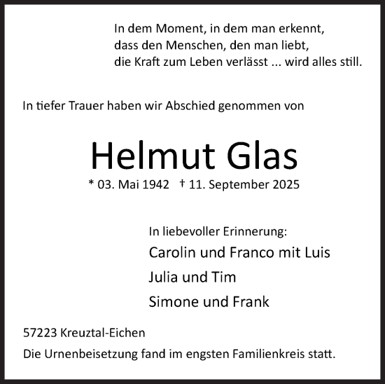 Traueranzeige von Helmut Glas von Siegener Zeitung