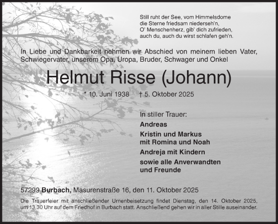 Traueranzeige von Helmut Risse von Siegener Zeitung