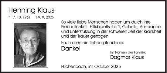 Traueranzeige von Henning Klaus von Siegener Zeitung