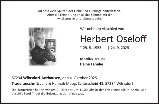 Traueranzeige von Herbert Oseloff von Siegener Zeitung