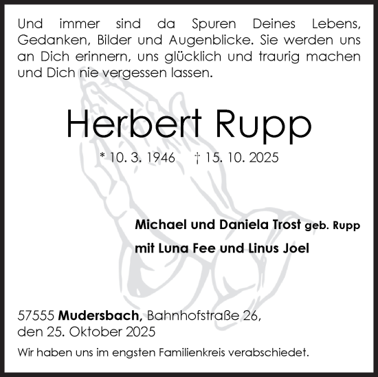 Traueranzeige von Herbert Rupp von Siegener Zeitung