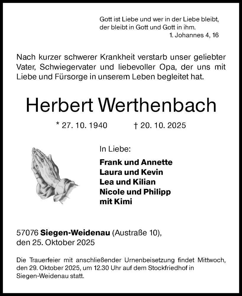  Traueranzeige für Herbert Werthenbach vom 25.10.2025 aus Siegener Zeitung