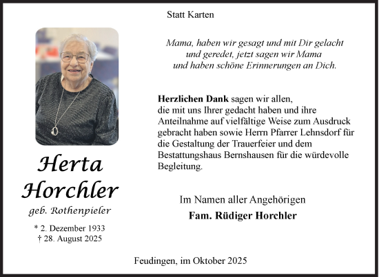 Traueranzeige von Herta Horchler von Siegener Zeitung