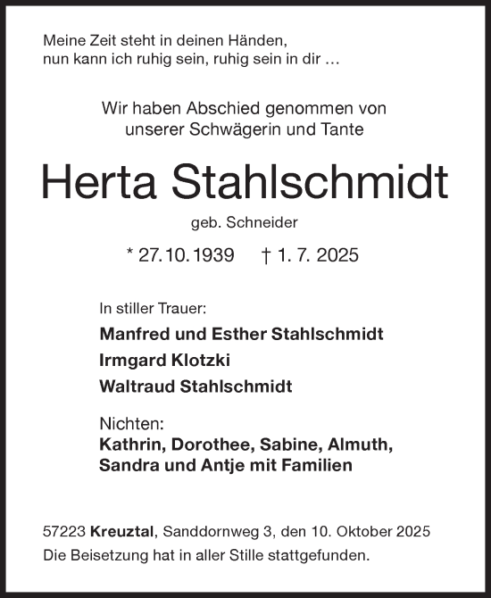 Traueranzeige von Herta Stahlschmidt von Siegener Zeitung
