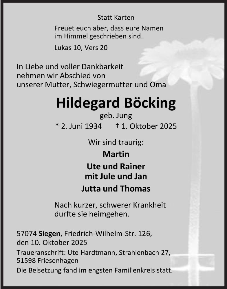  Traueranzeige für Hildegard Böcking vom 10.10.2025 aus Siegener Zeitung