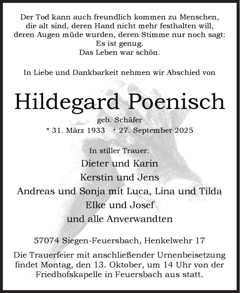  Traueranzeige für Hildegard Poenisch vom 07.10.2025 aus Siegener Zeitung