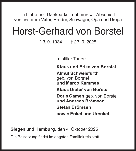 Traueranzeige von Horst-Gerhard von Borstel von Siegener Zeitung