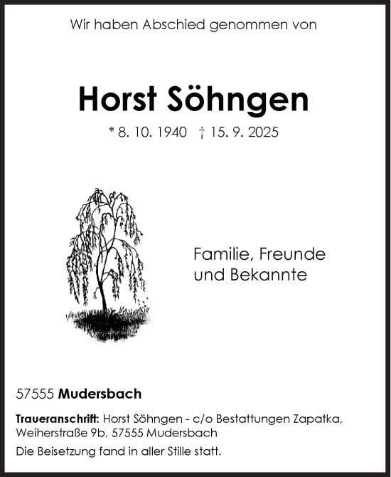 Traueranzeige von Horst Söhngen von Siegener Zeitung