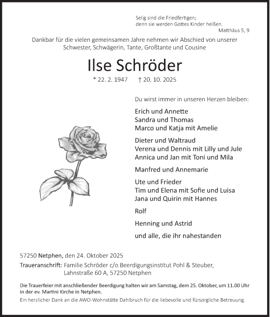 Traueranzeige von Ilse Schröder von Siegener Zeitung