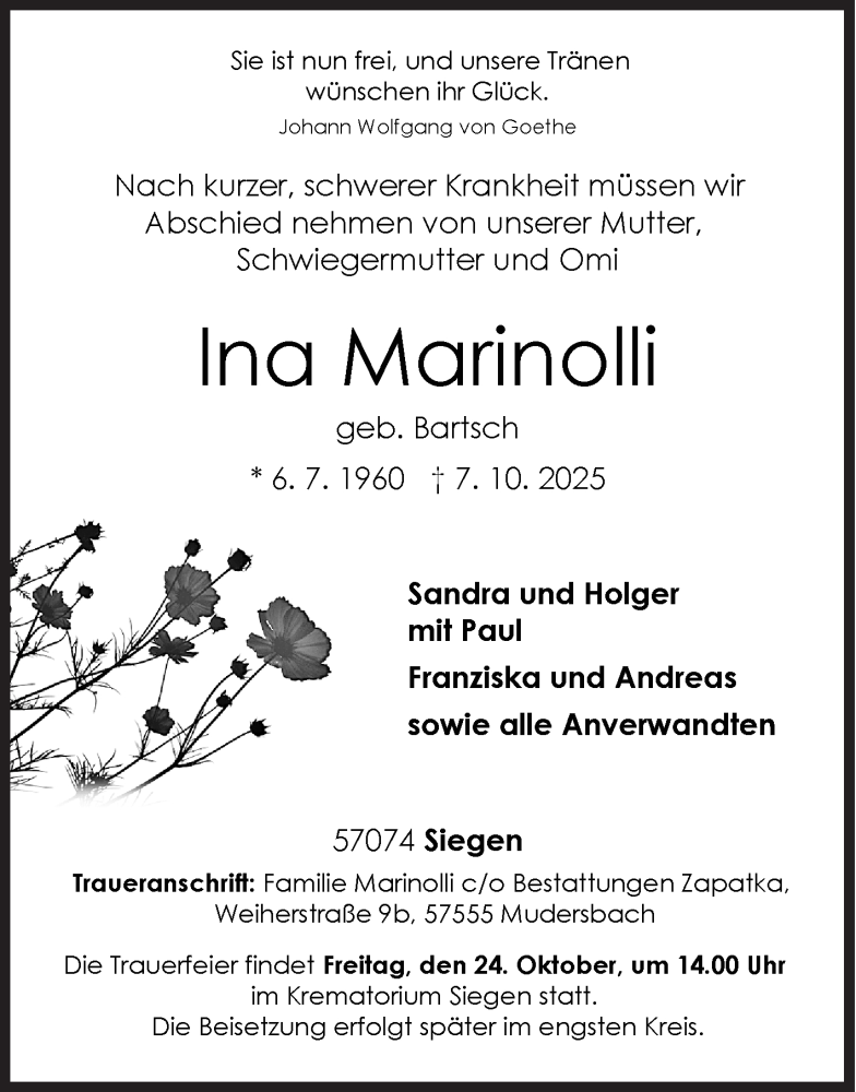  Traueranzeige für Ina Marinolli vom 11.10.2025 aus Siegener Zeitung