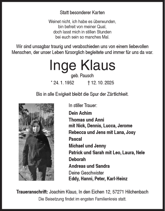 Traueranzeige von Inge Klaus von Siegener Zeitung