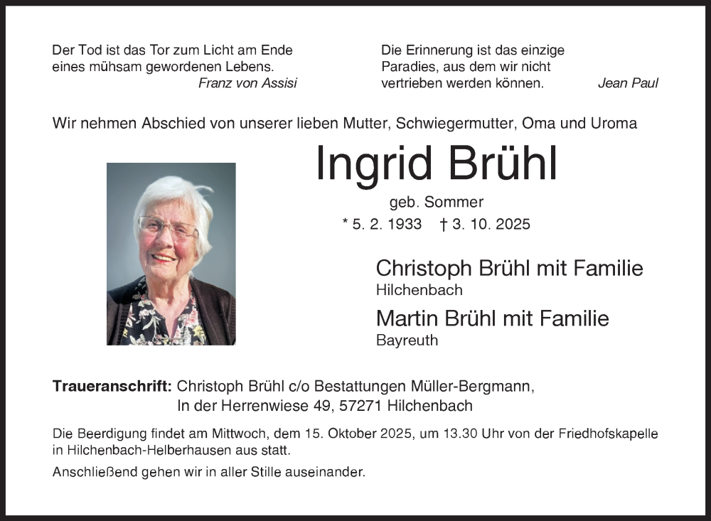  Traueranzeige für Ingrid Brühl vom 11.10.2025 aus Siegener Zeitung
