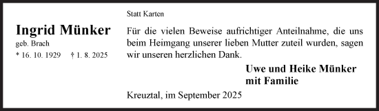 Traueranzeige von Ingrid Münker von Siegener Zeitung