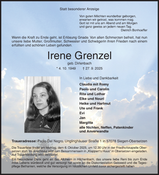 Traueranzeige von Irene Grenzel von Siegener Zeitung