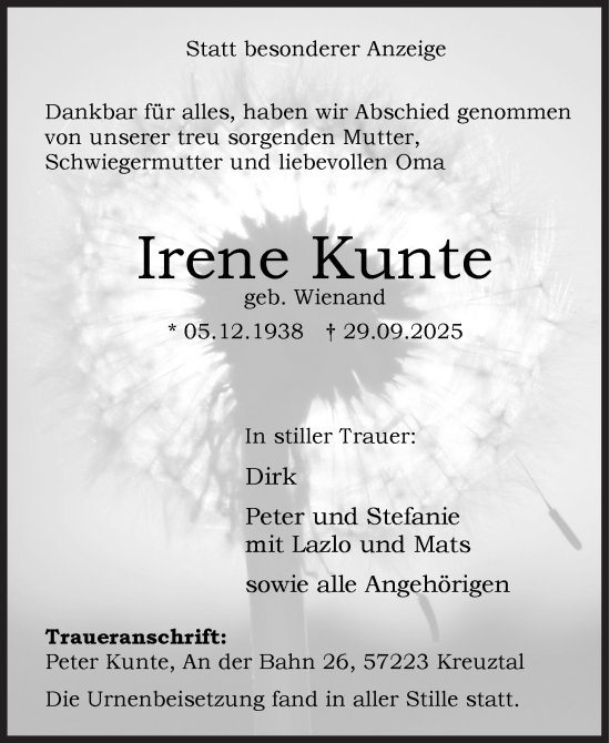 Traueranzeige von Irene Kunte von Siegener Zeitung