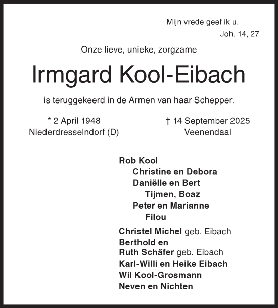 Traueranzeige von Irmgard Kool-Eibach von Siegener Zeitung