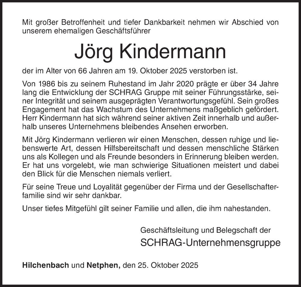  Traueranzeige für Jörg Kindermann vom 25.10.2025 aus Siegener Zeitung