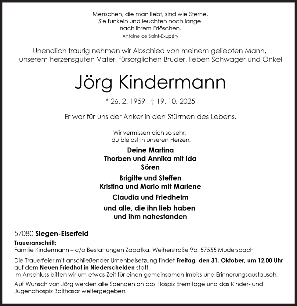  Traueranzeige für Jörg Kindermann vom 25.10.2025 aus Siegener Zeitung