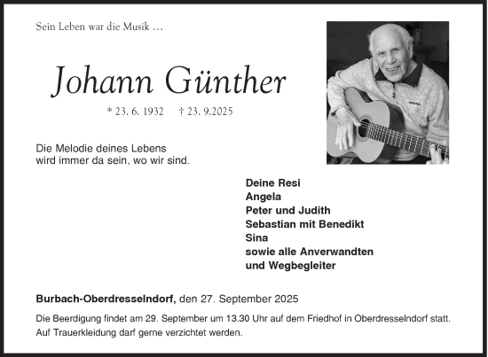 Traueranzeige von Johann Günther von Siegener Zeitung