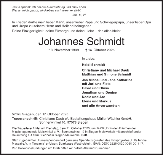 Traueranzeige von Johannes Schmidt von Siegener Zeitung