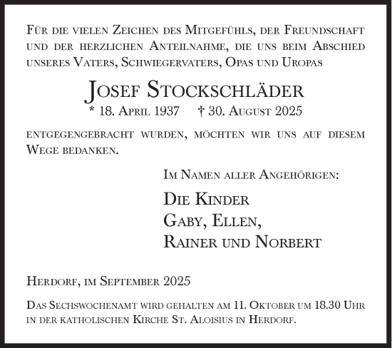 Traueranzeige von Josef Stockschläder von Siegener Zeitung