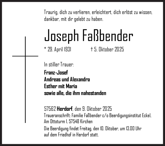 Traueranzeige von Joseph Faßbender von Siegener Zeitung
