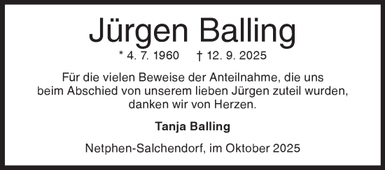 Traueranzeige von Jürgen Balling von Siegener Zeitung