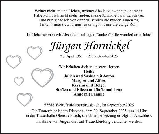 Traueranzeige von Jürgen Hornickel von Siegener Zeitung