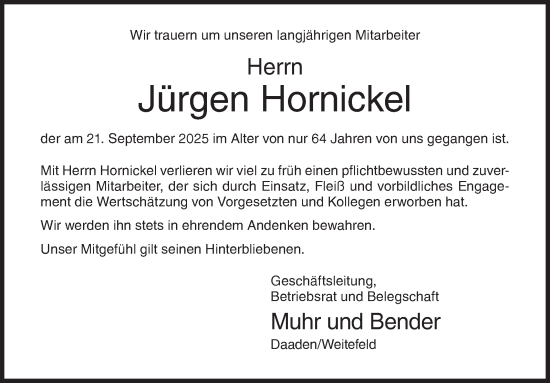 Traueranzeige von Jürgen Hornickel von Siegener Zeitung