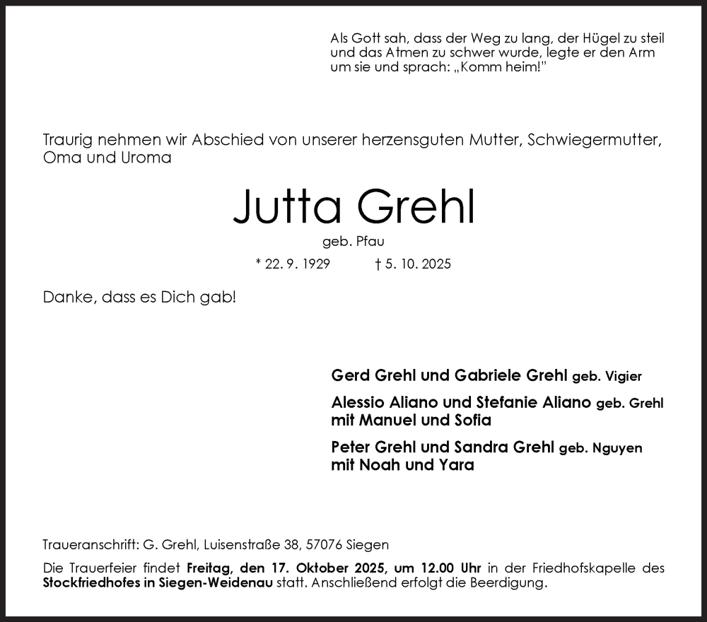  Traueranzeige für Jutta Grehl vom 11.10.2025 aus Siegener Zeitung