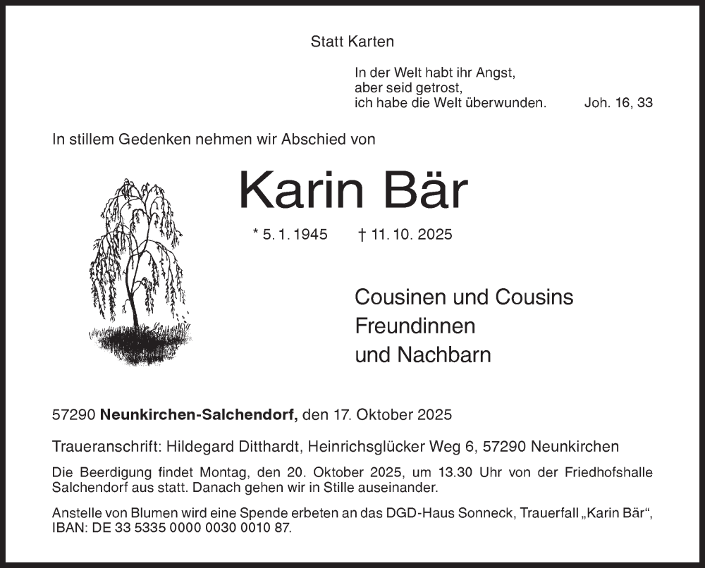  Traueranzeige für Karin Bär vom 17.10.2025 aus Siegener Zeitung