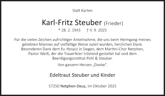 Traueranzeige von Karl-Fritz Steuber von Siegener Zeitung