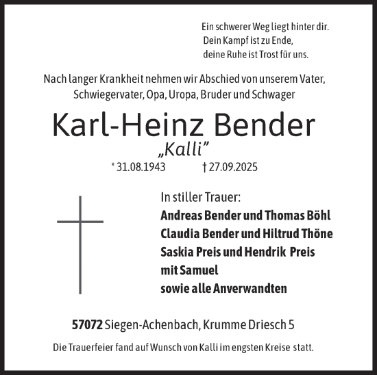 Traueranzeige von Karl-Heinz Bender von Siegener Zeitung
