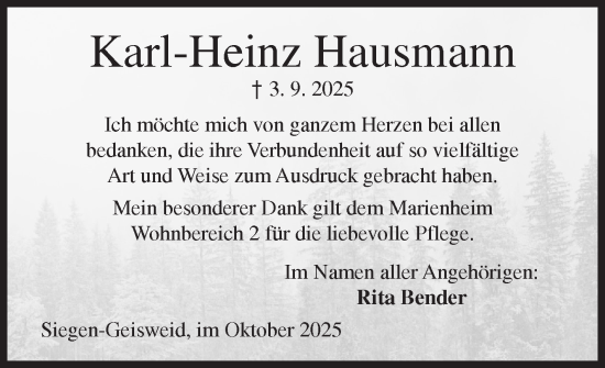 Traueranzeige von Karl-Heinz Hausmann von Siegener Zeitung