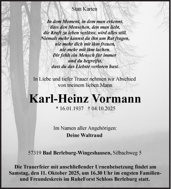 Traueranzeige von Karl-Heinz Vormann von Siegener Zeitung