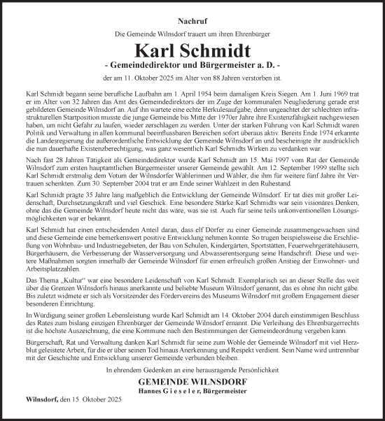 Traueranzeige von Karl Schmidt von Siegener Zeitung