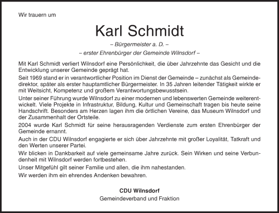 Traueranzeige von Karl Schmidt von Siegener Zeitung