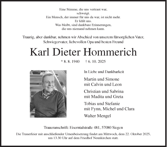 Traueranzeige von Karl Dieter Hommerich von Siegener Zeitung