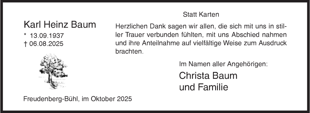  Traueranzeige für Karl Heinz Baum vom 04.10.2025 aus Siegener Zeitung