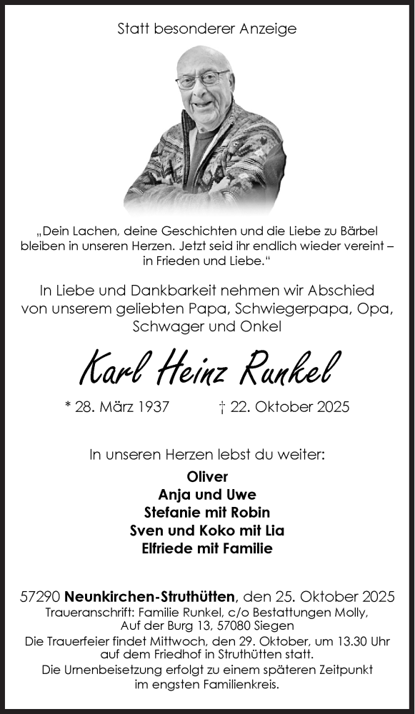  Traueranzeige für Karl Heinz Runkel vom 25.10.2025 aus Siegener Zeitung