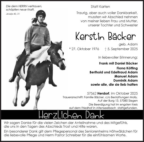 Traueranzeige von Karstin Bäcker von Siegener Zeitung
