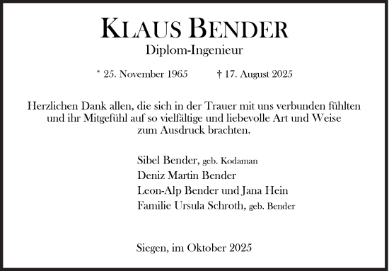Traueranzeige von Klaus Bender von Siegener Zeitung