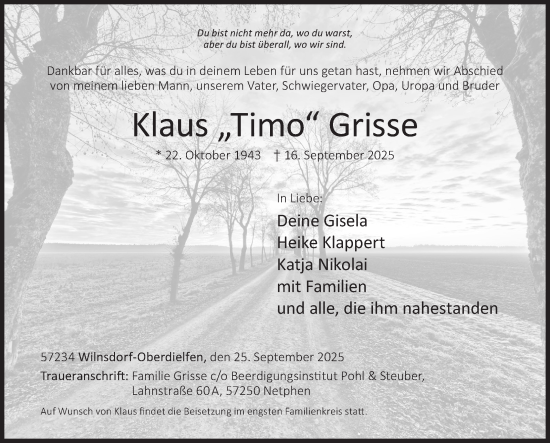 Traueranzeige von Klaus Grisse von Siegener Zeitung