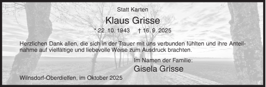 Traueranzeige von Klaus Grisse von Siegener Zeitung