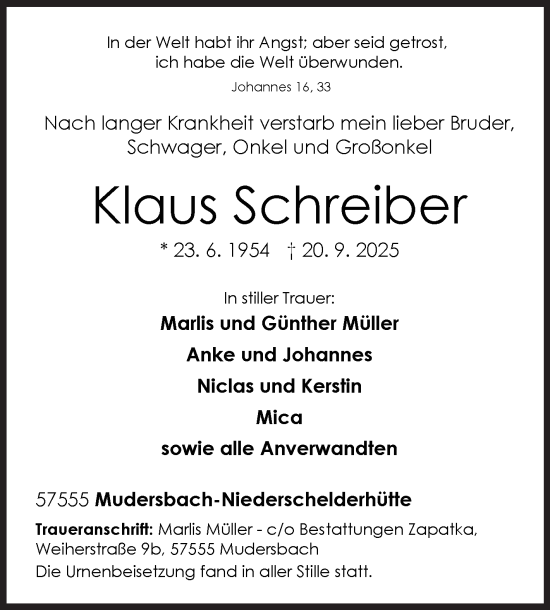 Traueranzeige von Klaus Schreiber von Siegener Zeitung