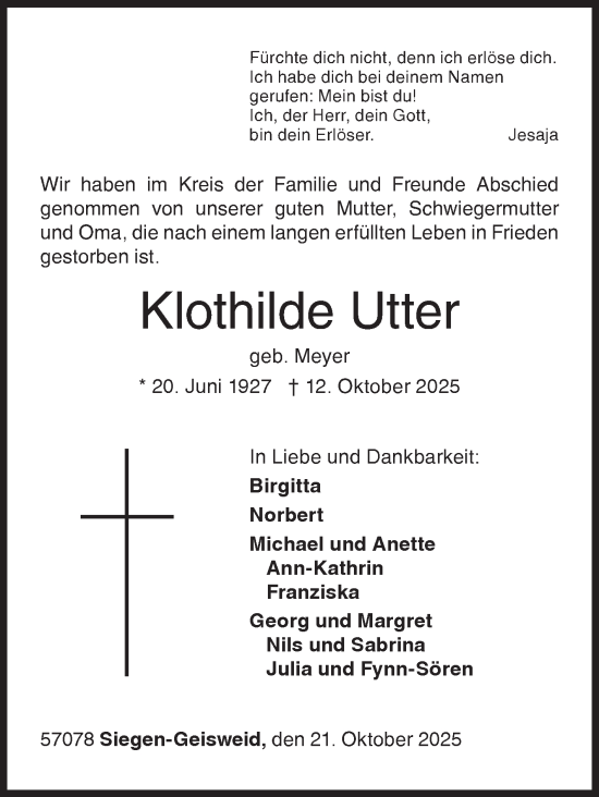 Traueranzeige von Klothilde Utter von Siegener Zeitung