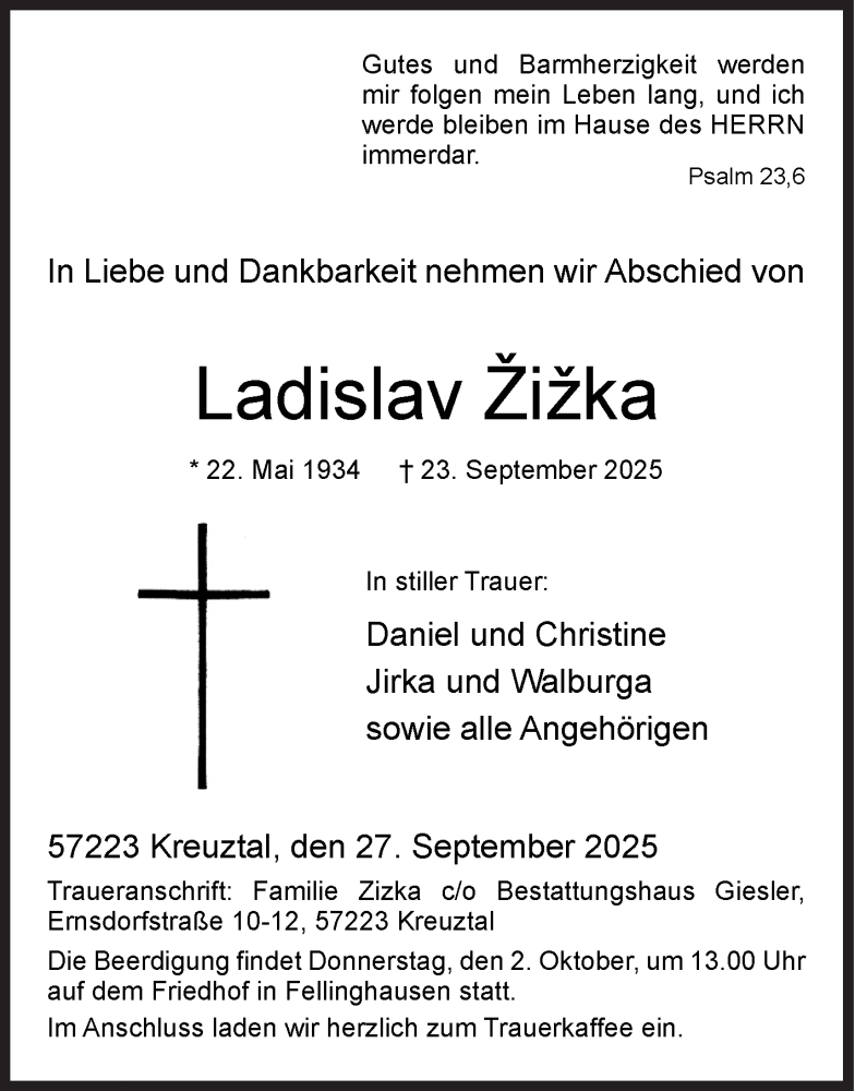  Traueranzeige für Ladislav Žižka vom 27.09.2025 aus Siegener Zeitung