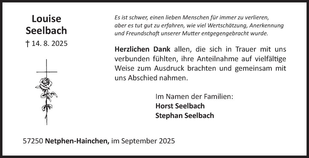  Traueranzeige für Louise Seelbach vom 27.09.2025 aus Siegener Zeitung