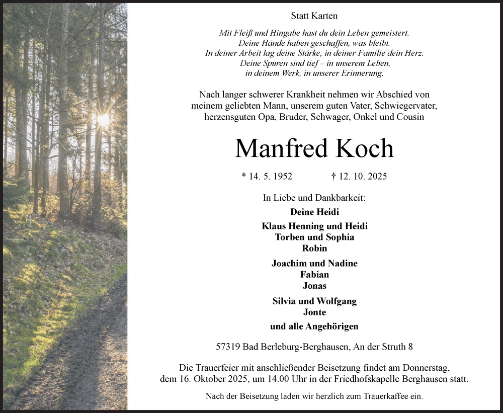  Traueranzeige für Manfred Koch vom 14.10.2025 aus Siegener Zeitung